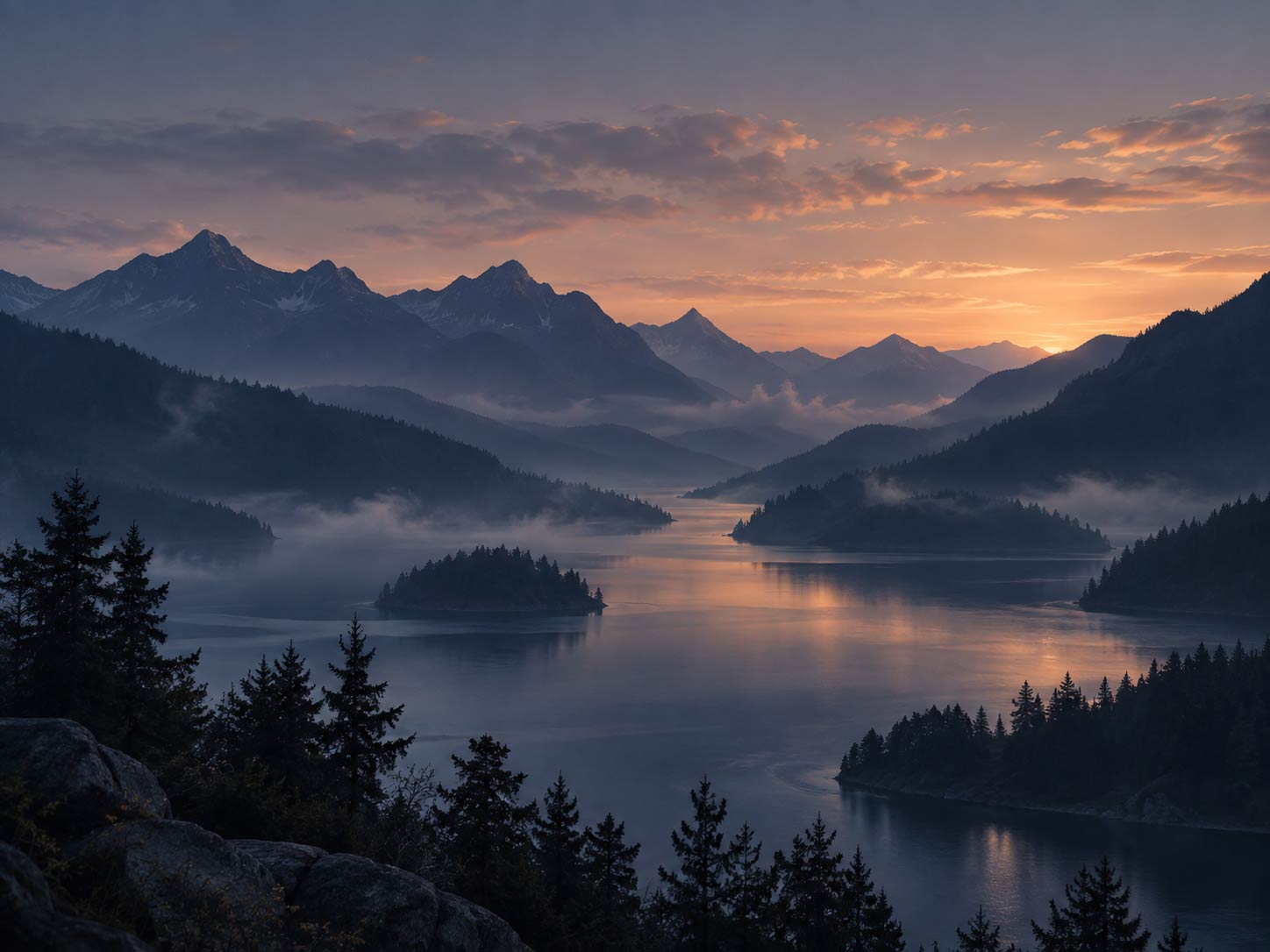 Misty mountain landscape at dawn reflecting over calm water