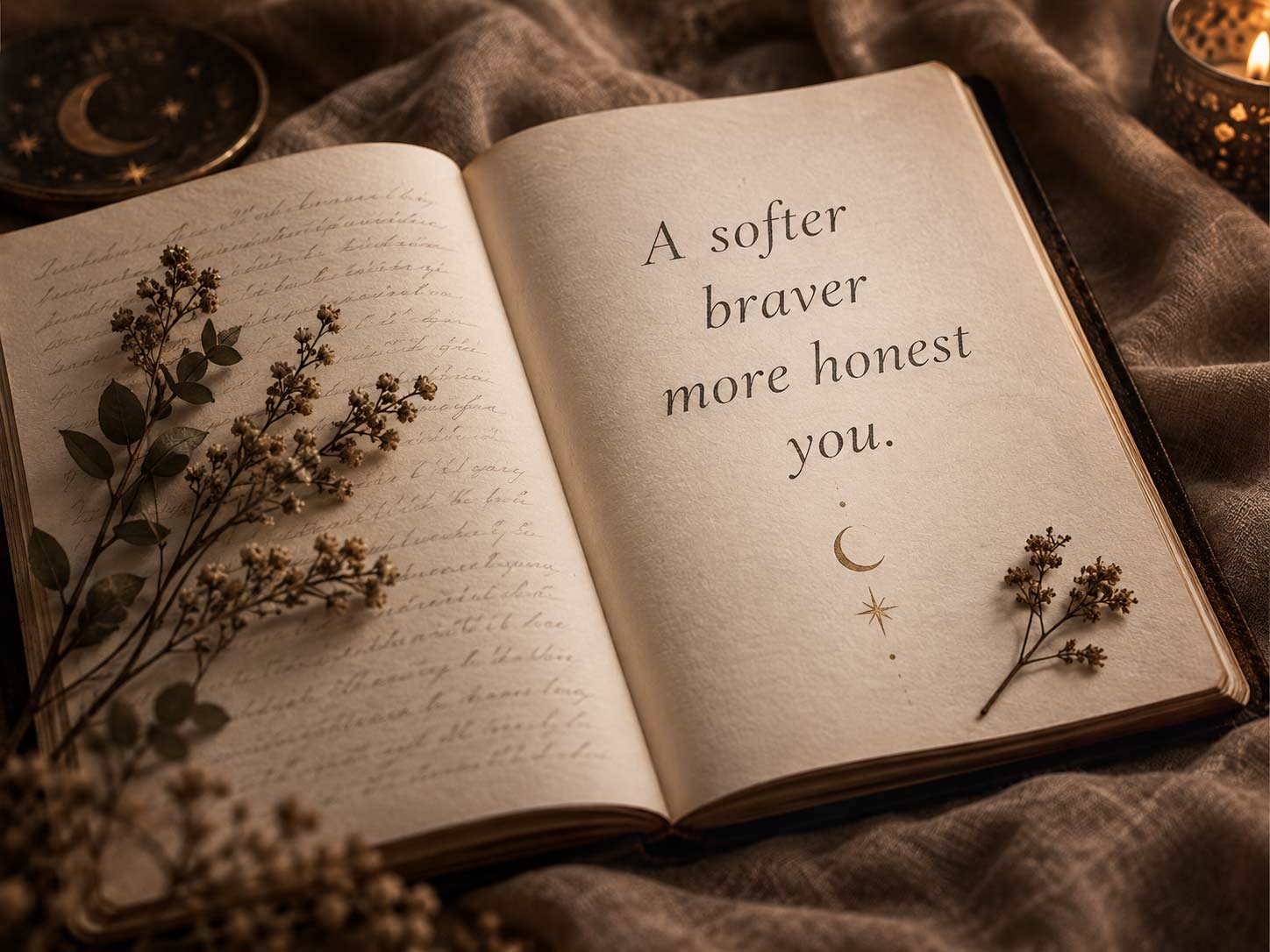 Open journal with dried botanicals and reflective writing