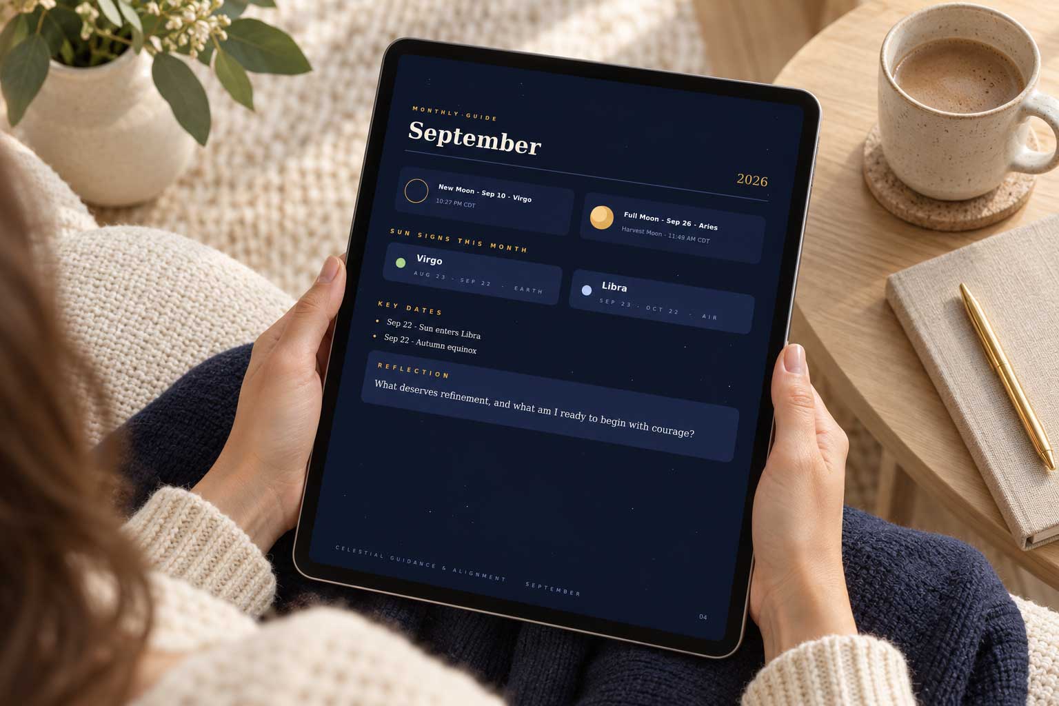 A person viewing the September 2026 Celestial Guidance and Alignment planner on an iPad