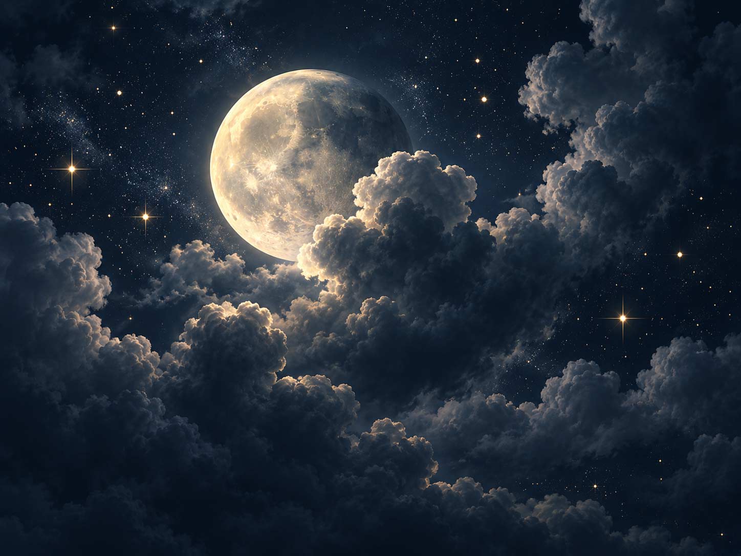 Full moon glowing among clouds in a star filled night sky