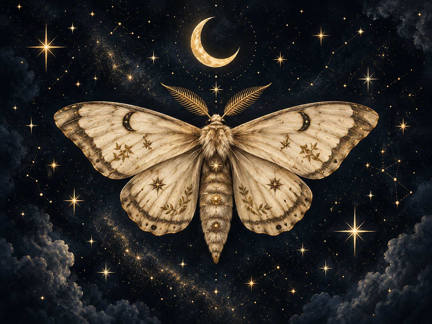Celestial moth beneath a crescent moon surrounded by stars