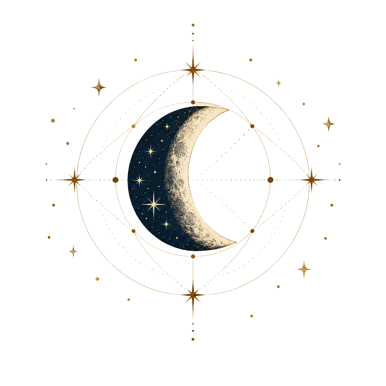 Ornamental crescent moon with celestial gold linework