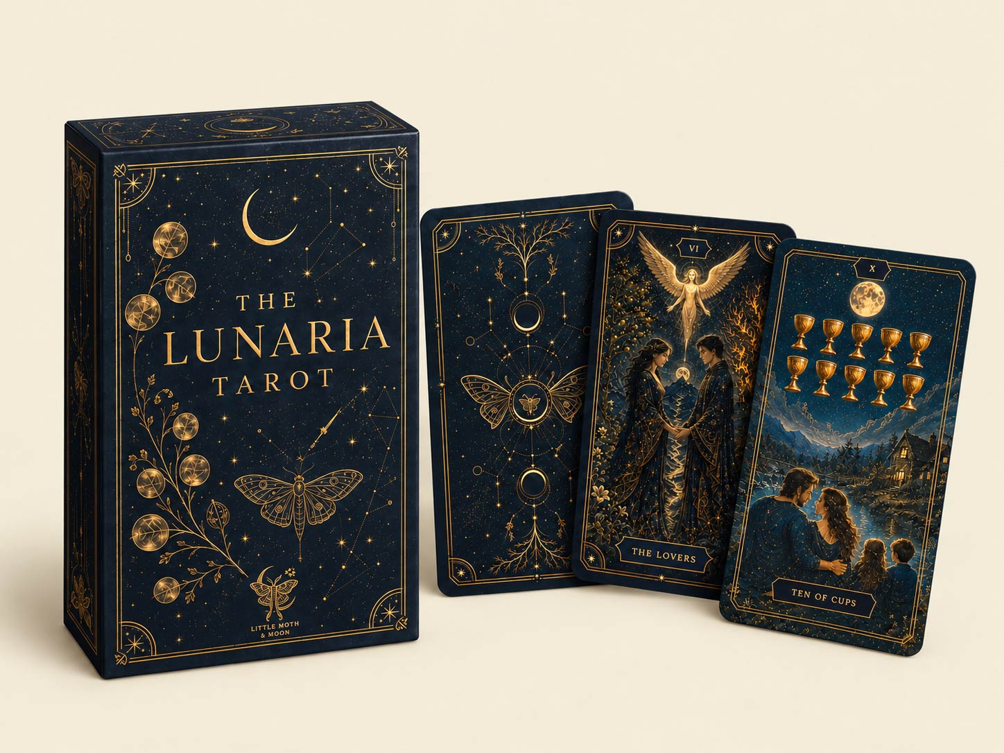 The Lunaria Tarot box and illustrated tarot cards