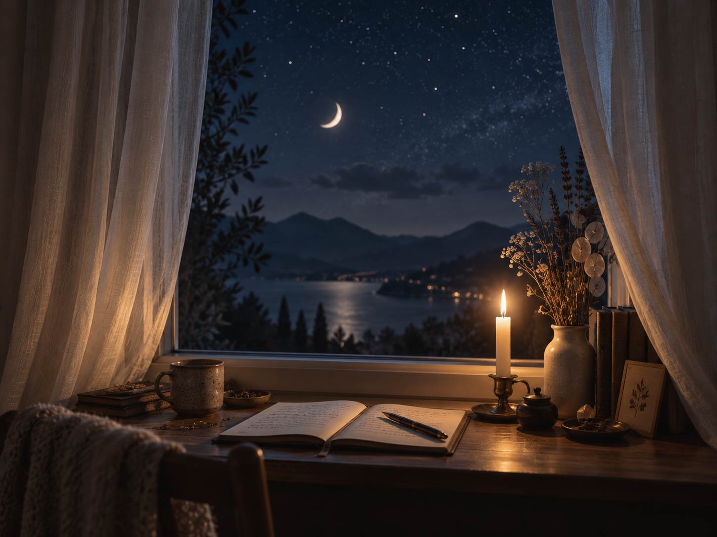 Quiet moonlit journaling space by a window