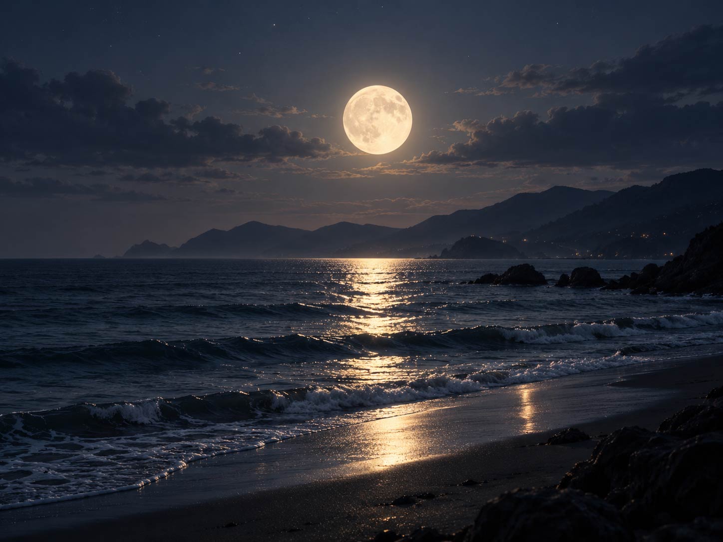 Moonlit water beneath a full moon