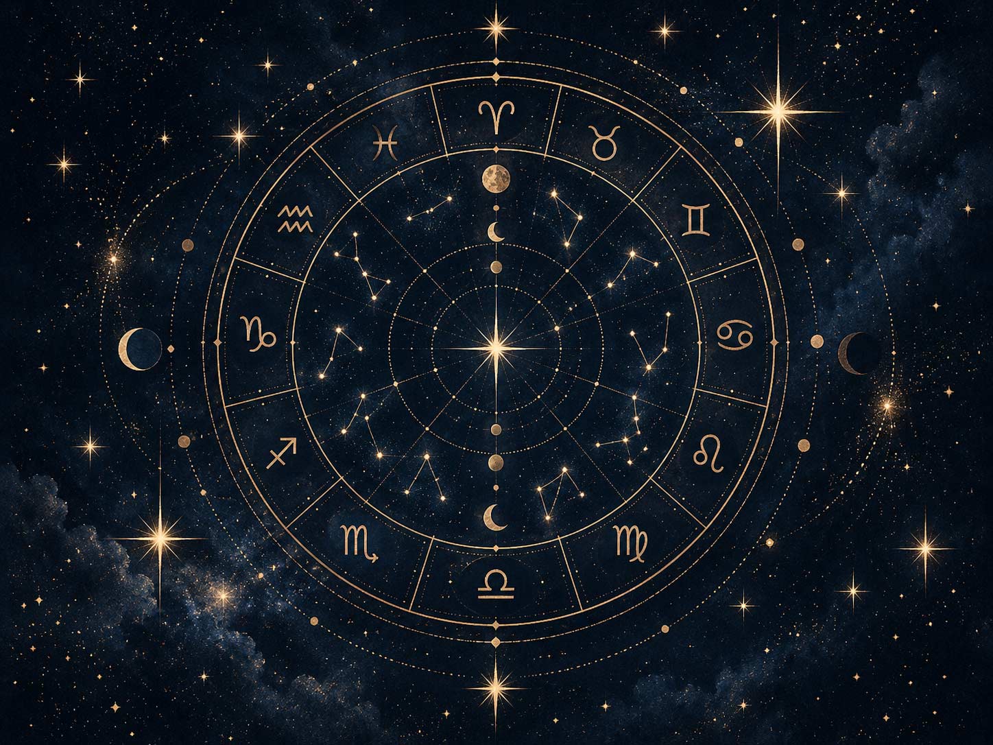 Celestial zodiac wheel illustrated in gold against a midnight sky