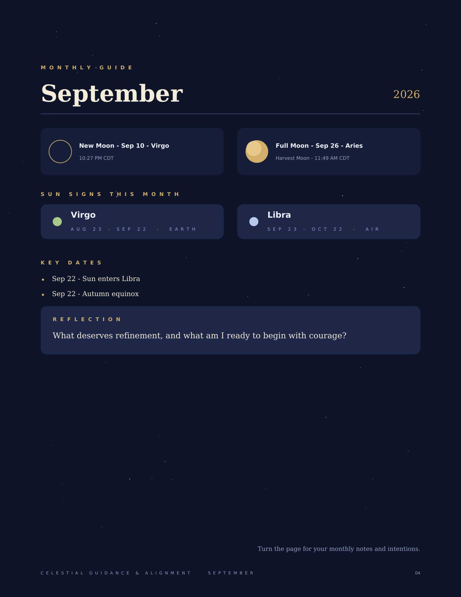 September 2026 monthly celestial guidance page