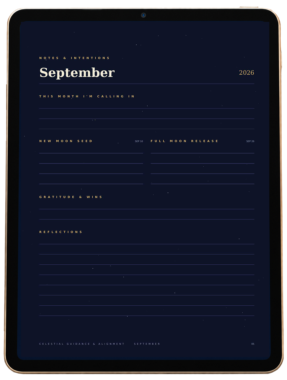 Celestial Guidance and Alignment September writing and notes page displayed on an iPad