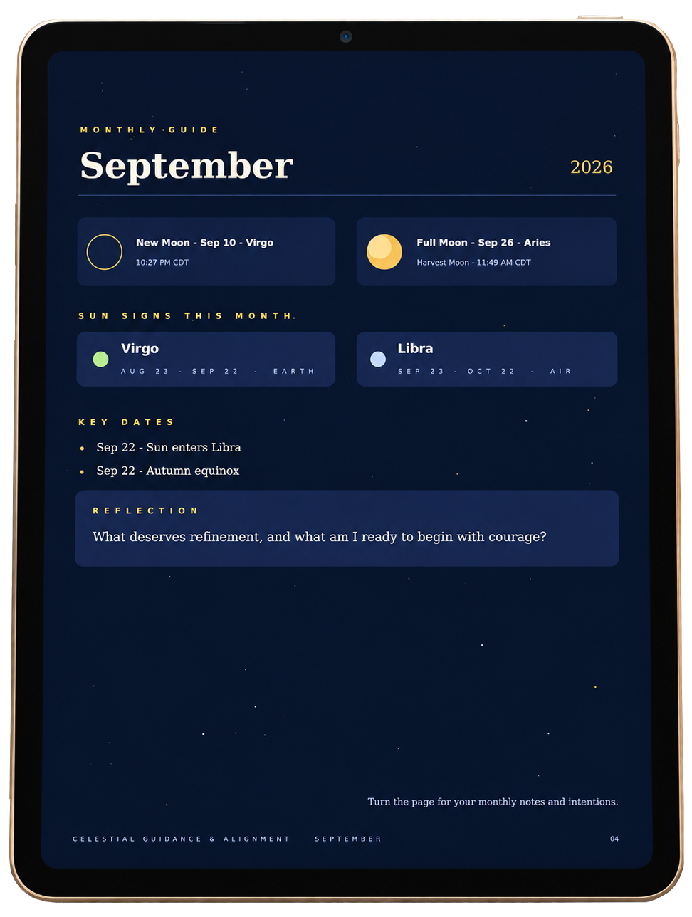 Celestial Guidance and Alignment September monthly guidance page displayed on an iPad
